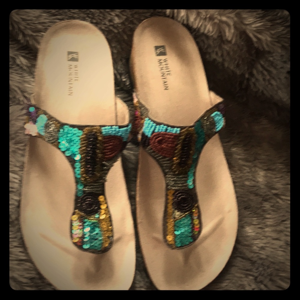 White mountain leather and sequins sandals